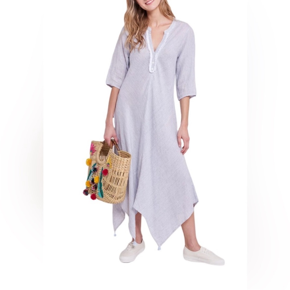 ROLLER RABBIT Blue White Jeni Stripe Asymmetrical Fringe Berenice Midi Dress